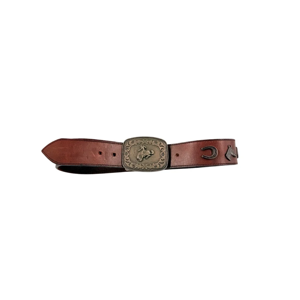 Vintage Western Brown Leather Horse Buckle Belt Sz 26 Rodeo Cowboy Cowgirl Ranch